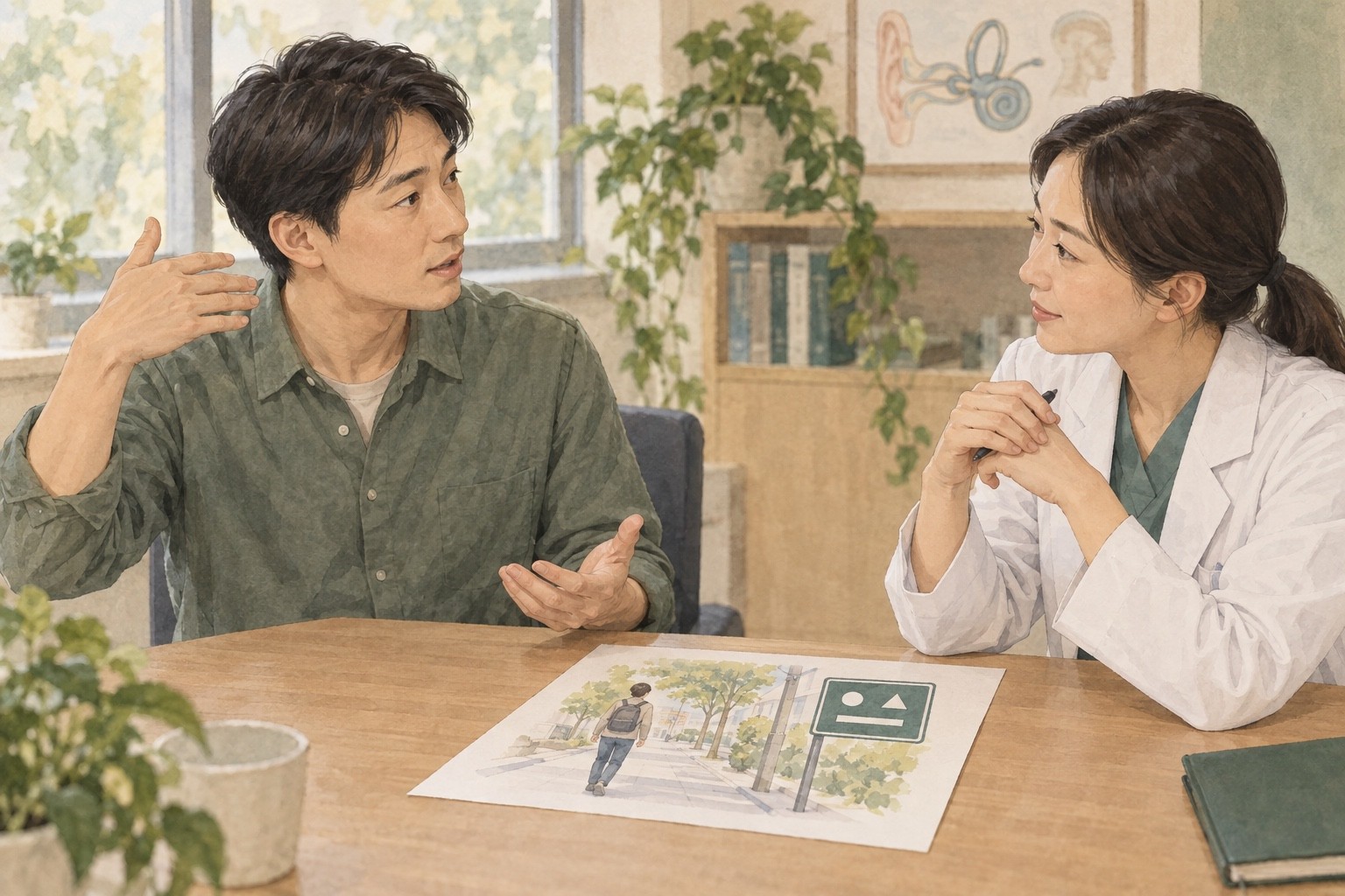 고개를 움직일 때 글씨가 흔들리는 장면과 현재 운동의 목적을 치료자에게 설명하는 사람의 개념 그림