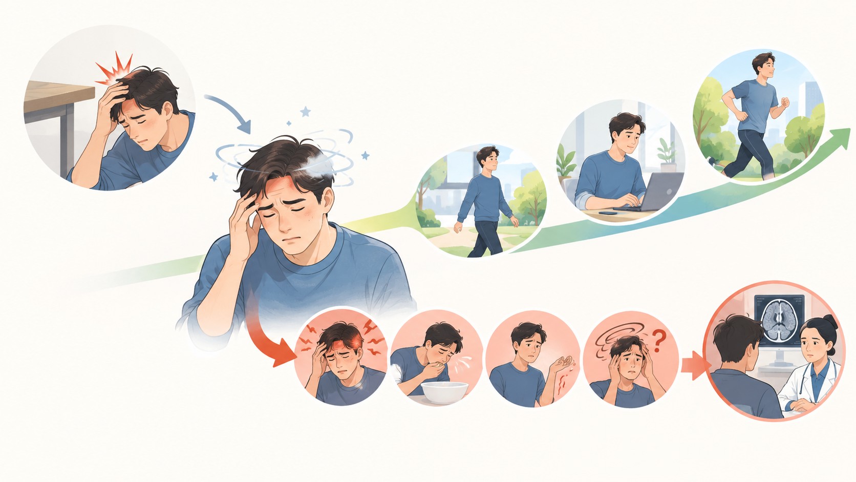뇌진탕 뒤 어지럼 환자가 위험 신호를 확인하고 걷기부터 일과 운동으로 단계적으로 복귀하는 흐름