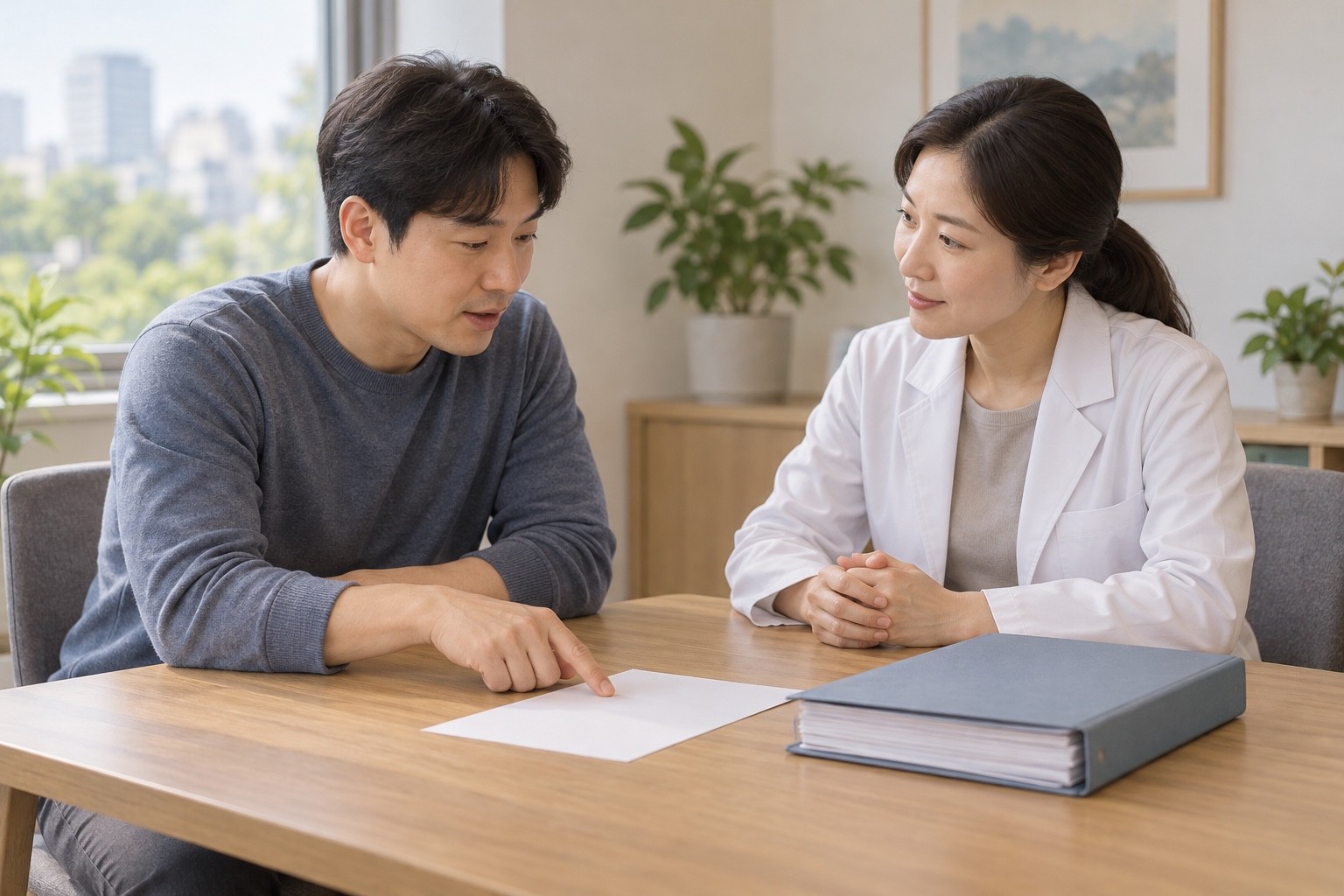 환자와 의료진이 닫힌 자료철 옆의 빈 종이를 앞에 두고 이야기하는 장면