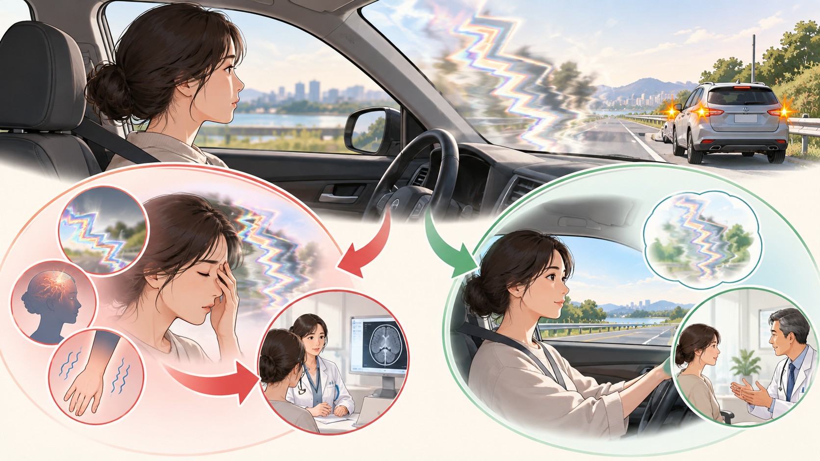 운전 중 시야 전조가 시작된 사람이 안전하게 정차하고 새 신경 증상 여부를 평가하는 흐름