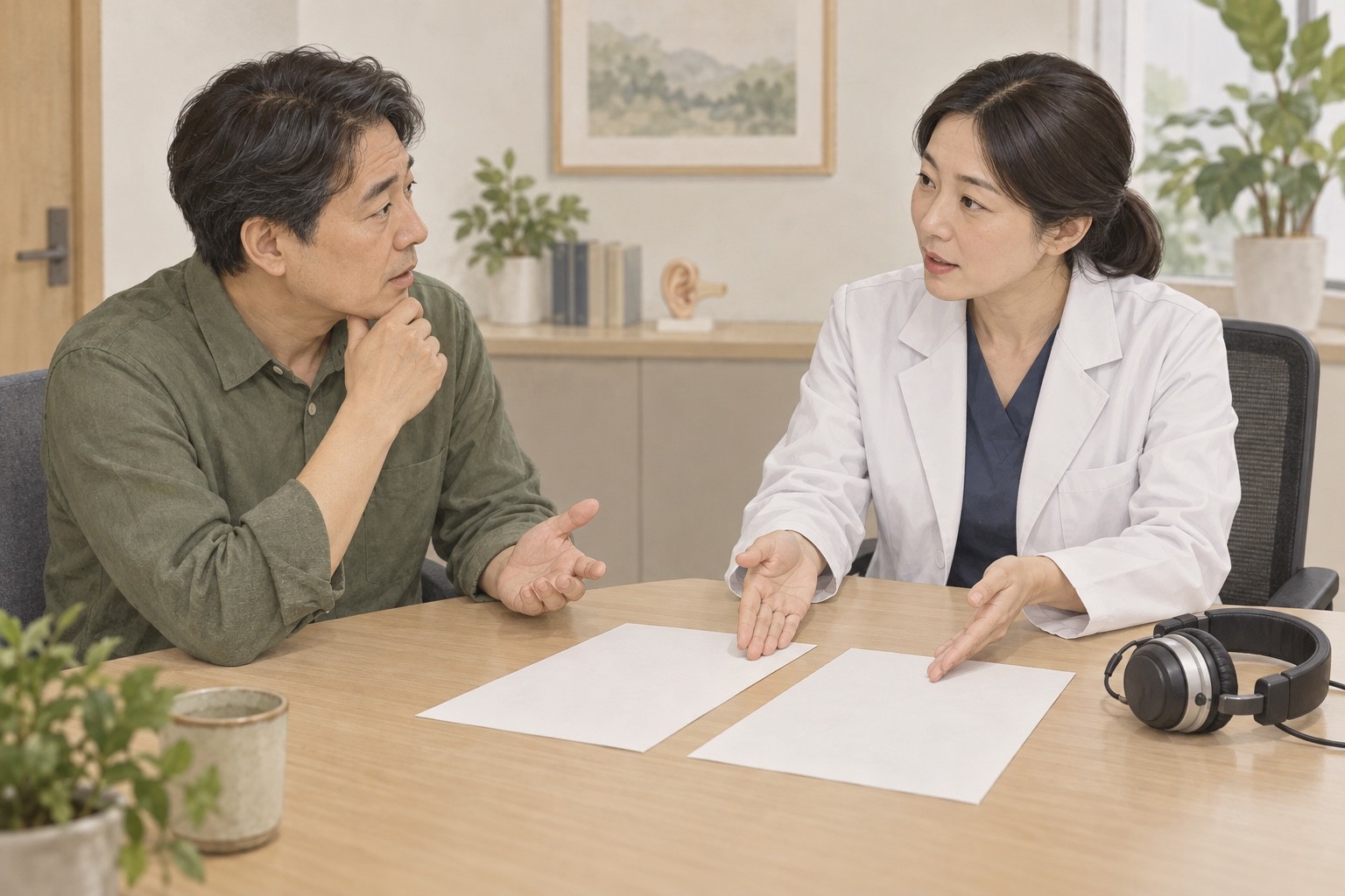 환자가 의료진과 마주 앉아 서로 다른 검사 목적을 설명받는 가상 상담 장면