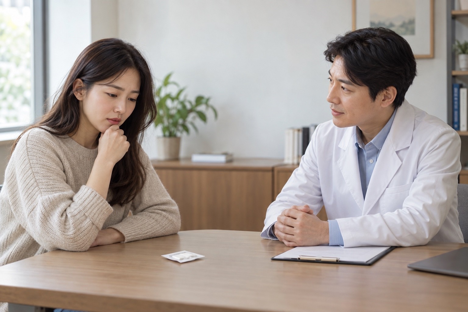 먹는 약의 복용 어려움을 이비인후과 의료진에게 설명하는 성인과 상담 장면