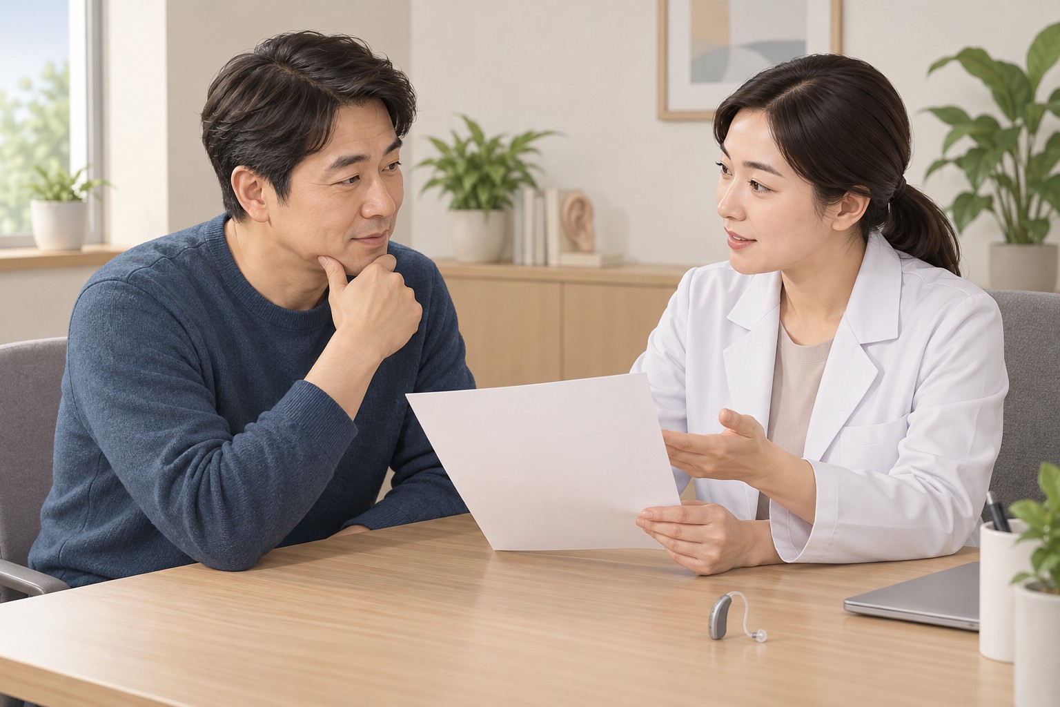 청력평가 결과와 기기의 목적을 상담하는 성인과 전문가, 탁자 위 보청기