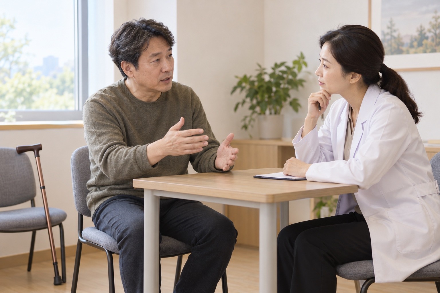 균형 재활 중인 성인이 치료자와 앉아서 현재 걷기의 어려움과 보행 보조 필요성을 이야기하는 가상 상담 장면