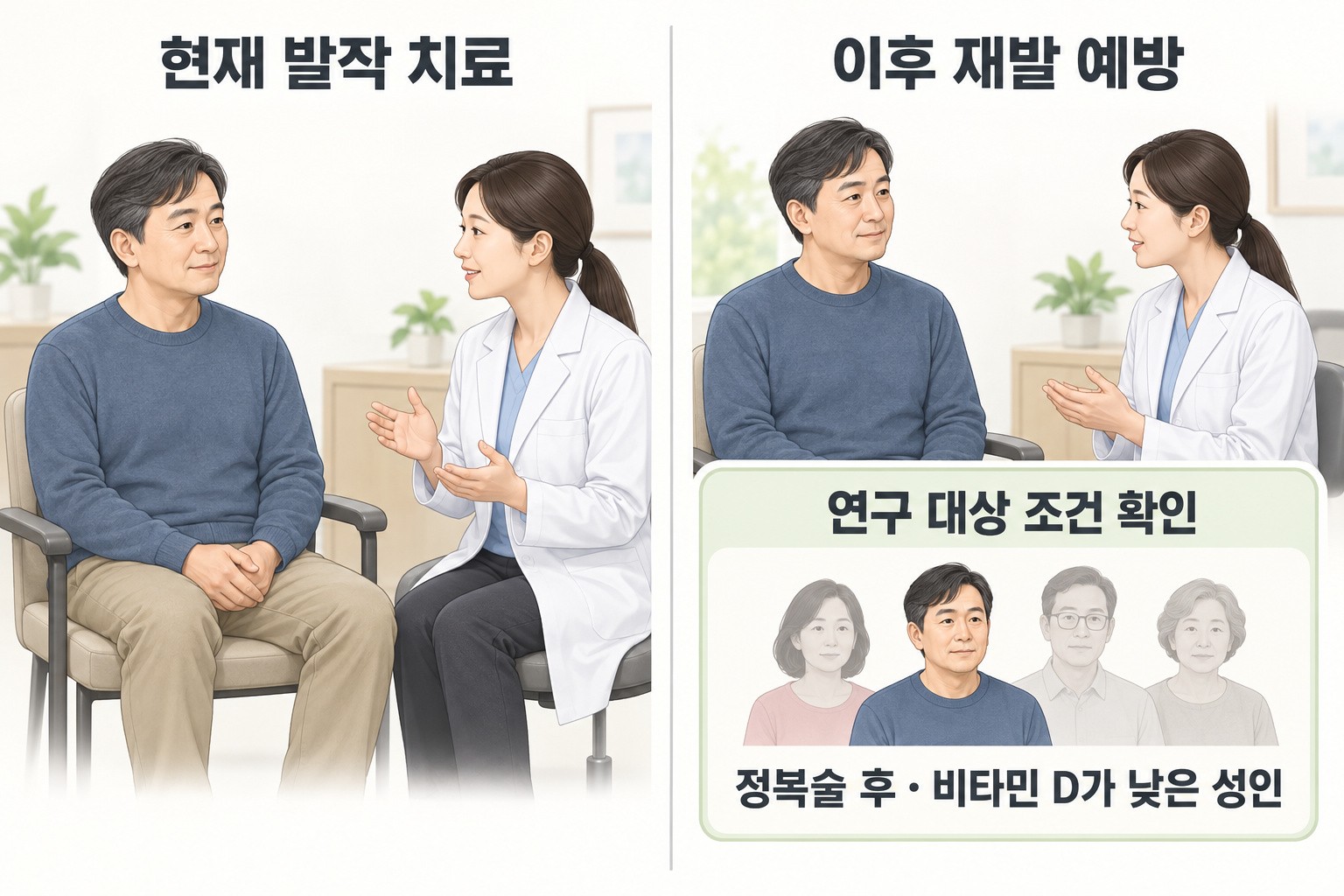현재 발작 치료와 이후 재발 예방을 나누고, 정복술 후 비타민 D가 낮은 성인이라는 연구 대상 조건을 확인하는 교육용 그림