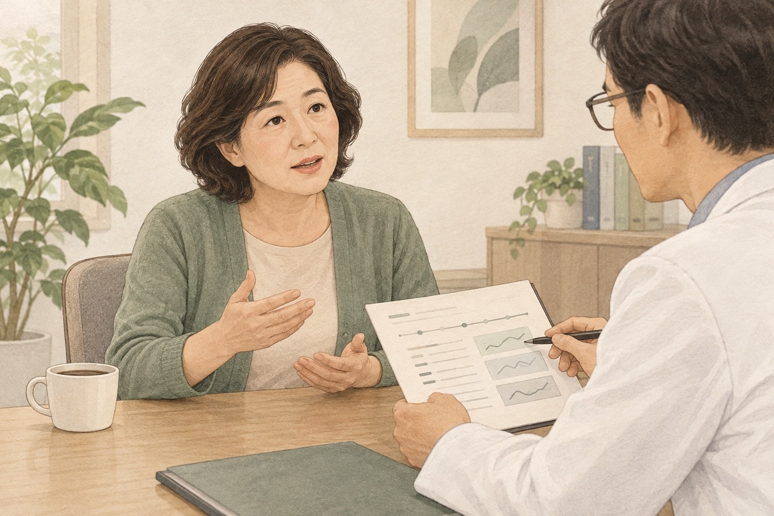 커피 질문과 함께 기존 진단·치료 경과를 살펴보는 상담 장면