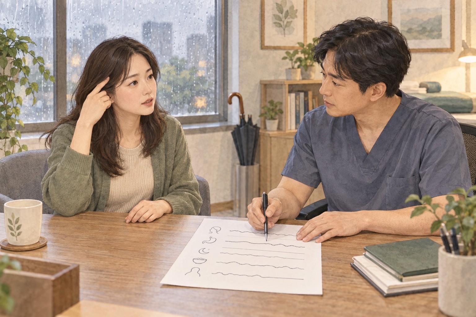 비 오는 날의 두통 느낌과 동반 불편을 진료실에서 설명하는 환자