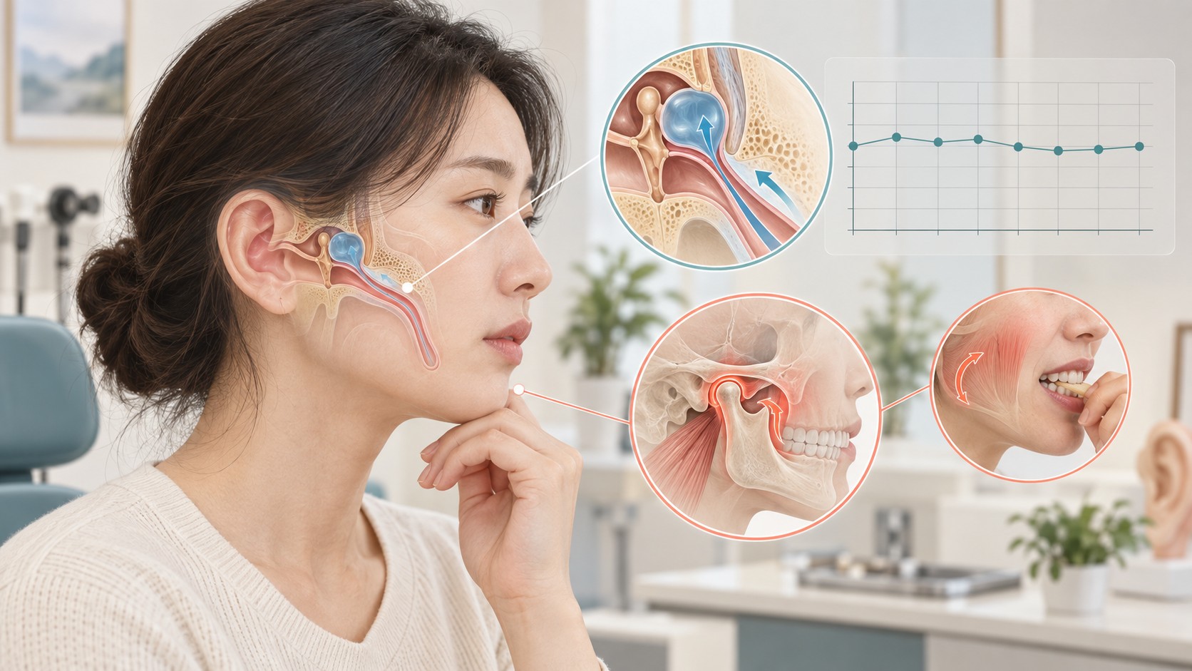 정상 청력 곡선 옆에서 귀의 압력 경로와 턱관절 움직임을 나눠 보는 임상 일러스트