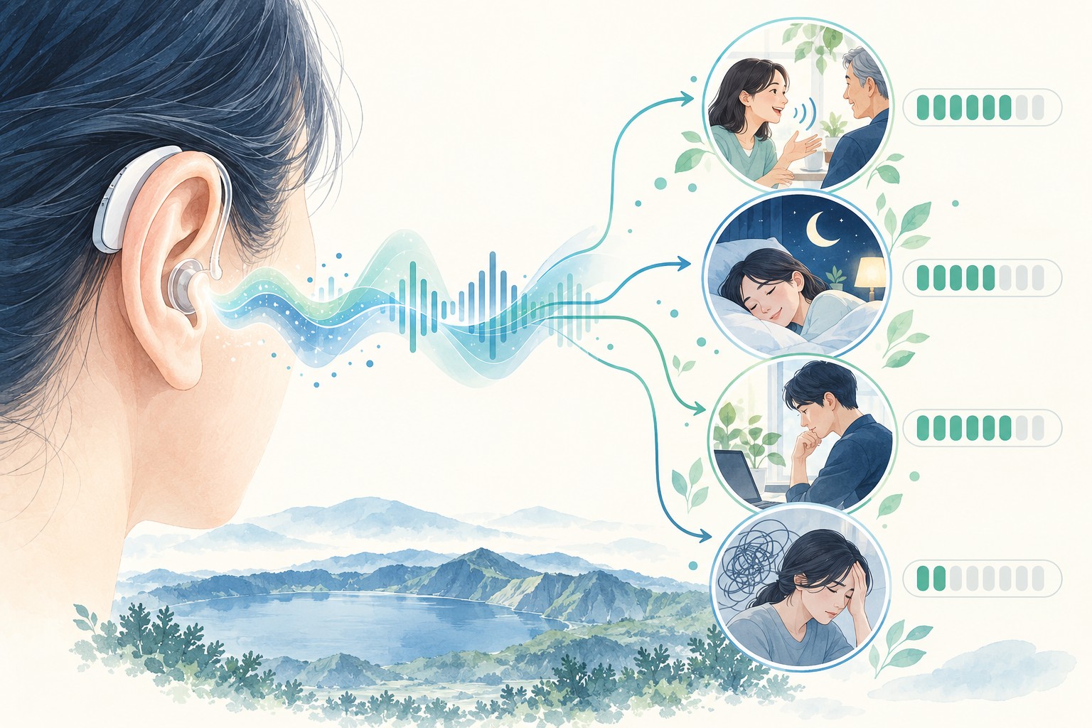 보청기와 소리치료의 목표를 청취·수면·집중·괴로움으로 나눈 그림
