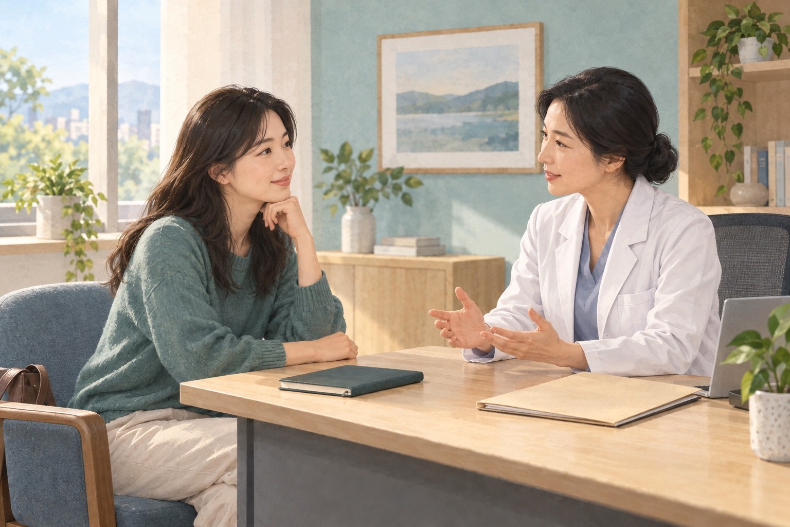 편두통 치료로 되찾은 일상과 임신 계획을 놓고 의료진과 상담하는 성인의 개념 장면