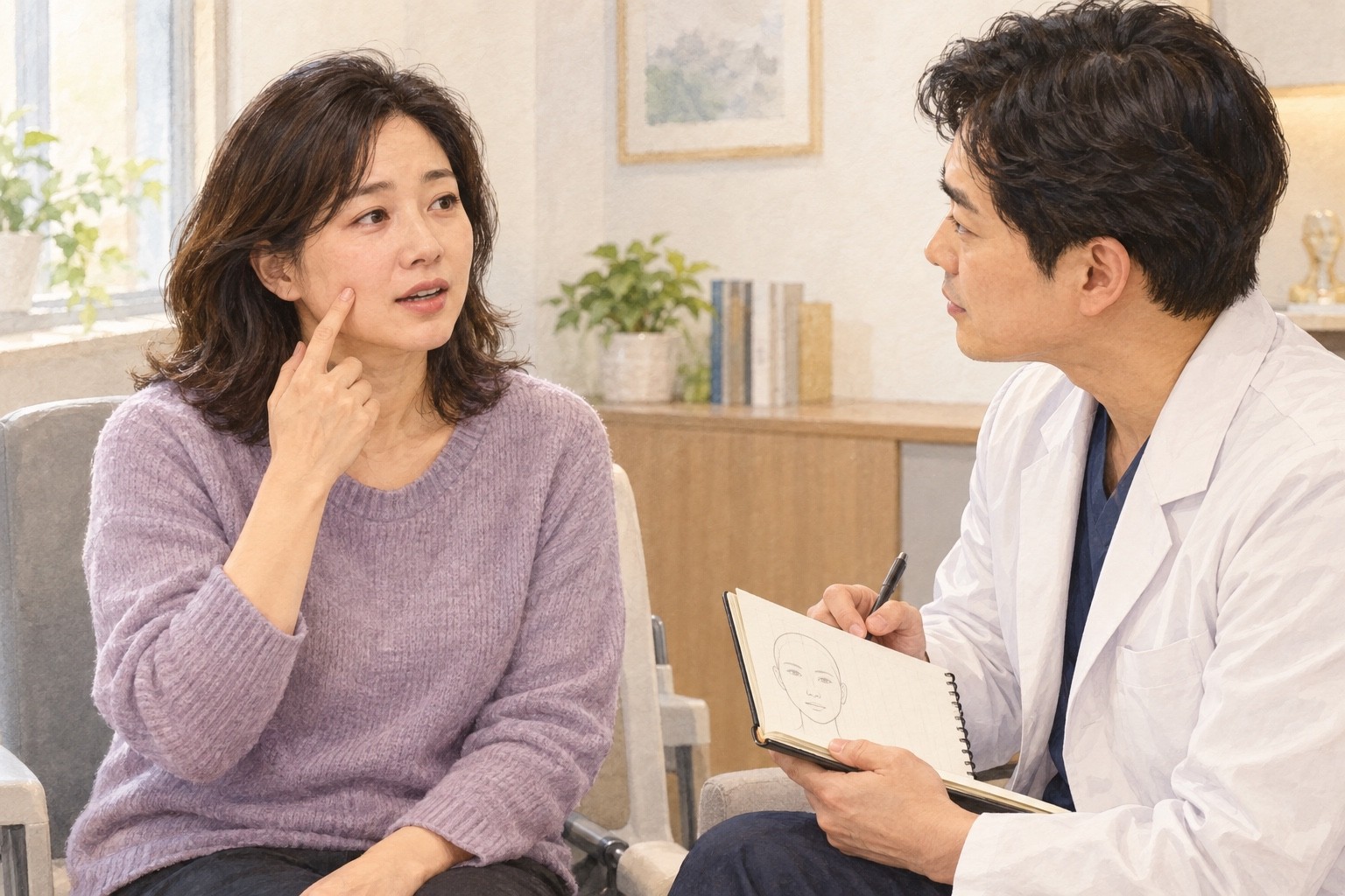 환자가 볼을 가리키며 현재 당기는 쪽을 설명하고 진료자가 처음 약했던 쪽과 비교하는 상담 장면