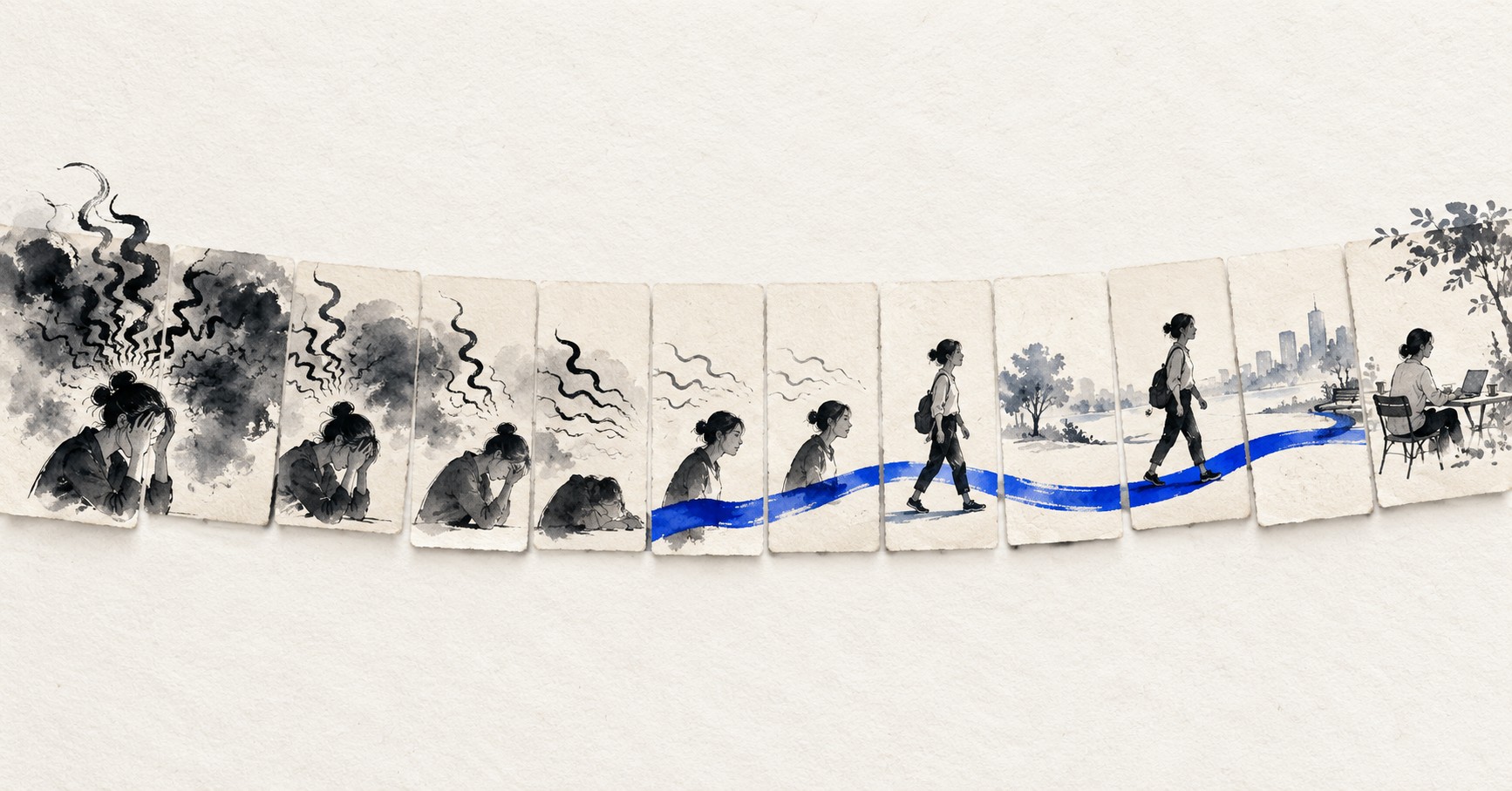 두통일, 급성약 사용일, 일상기능과 부작용 네 지표를 함께 비교하는 편두통 예방치료 임상노트 일러스트