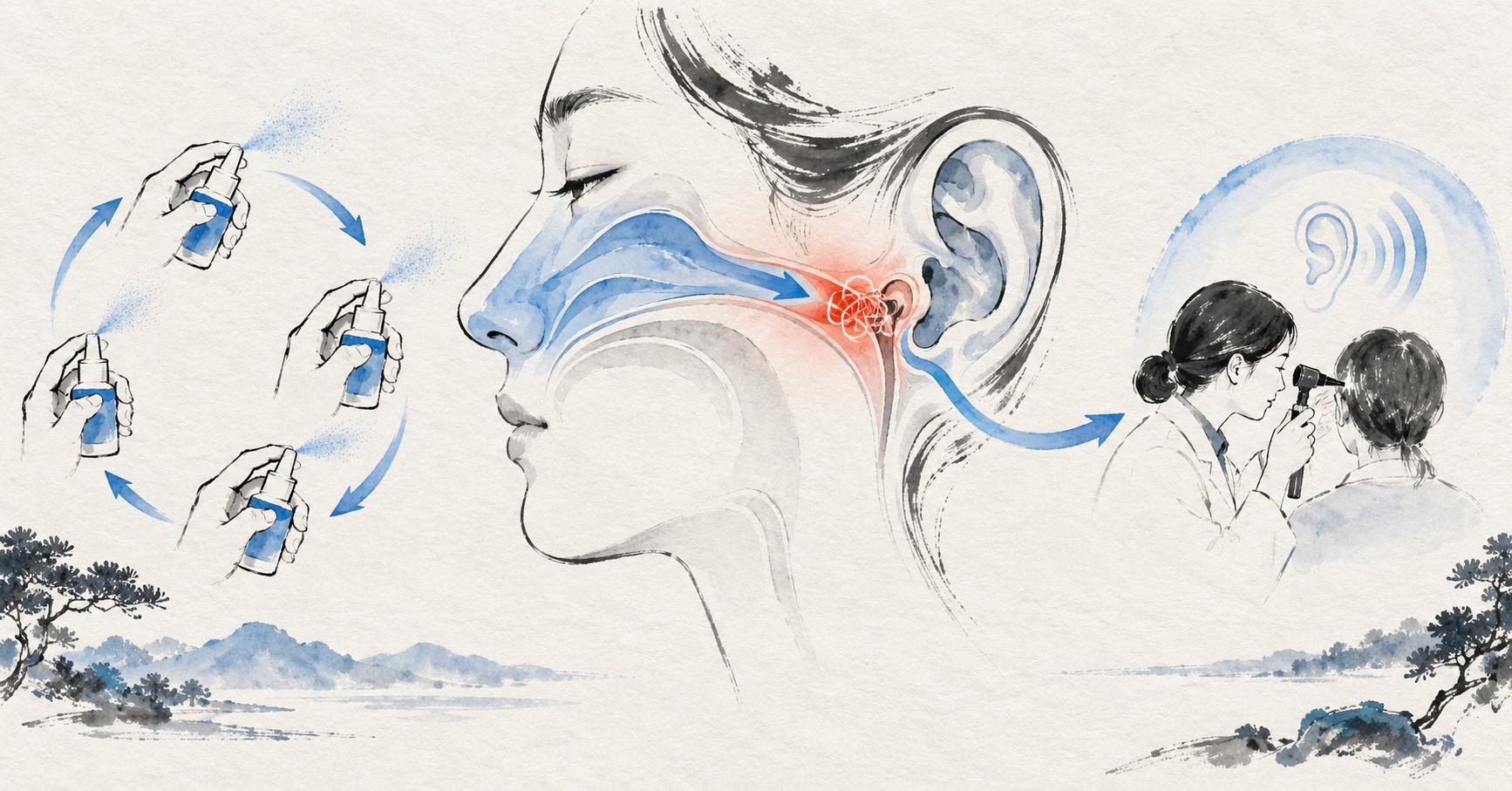 비충혈제거제 반복 사용과 귀 먹먹함의 평가 경로를 보여주는 의료 일러스트