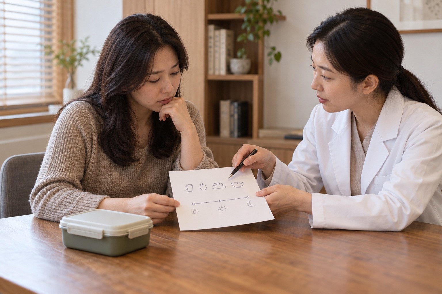 음식 그림과 하루 시간표를 도시락과 함께 살피는 편두통 상담 장면