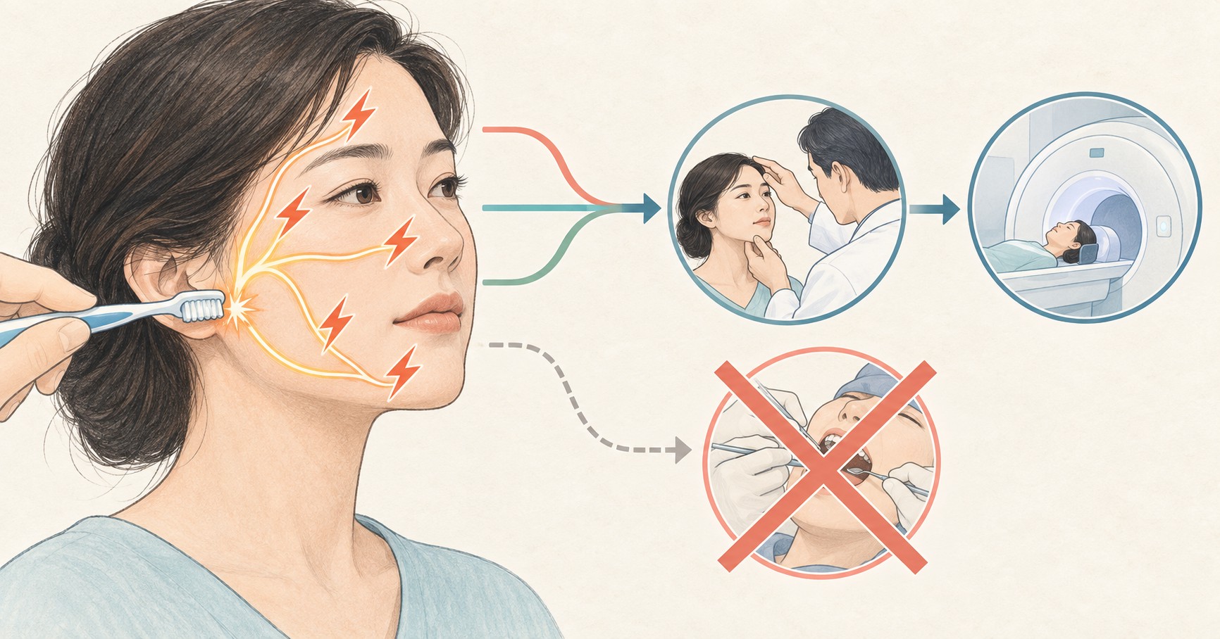 칫솔 접촉으로 시작된 짧은 얼굴 전기통이 신경학적 진찰과 MRI 평가로 이어지는 판단 흐름