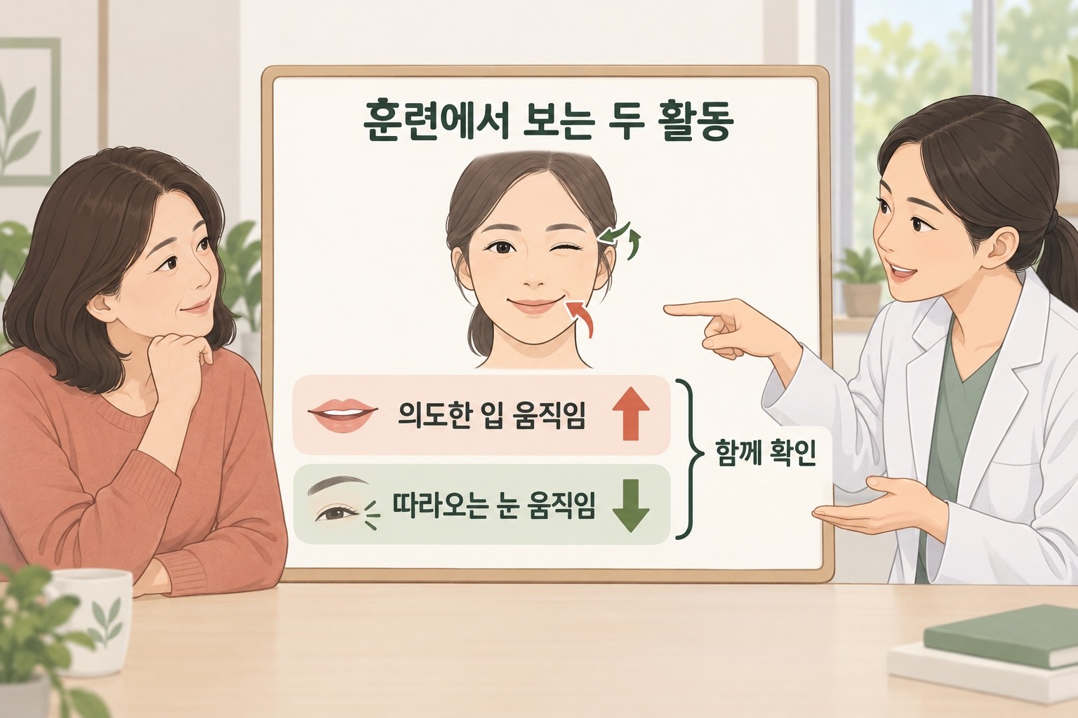 의도한 입 움직임의 위쪽 화살표와 따라오는 눈 움직임의 아래쪽 화살표를 함께 살펴보는 재훈련 설명 그림