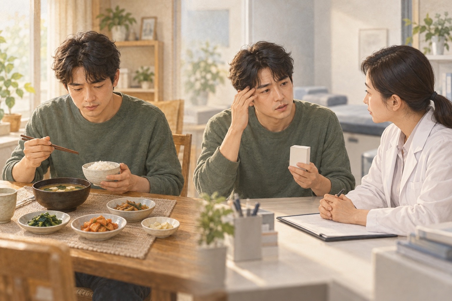 평소 식사를 이어가며 이명 때문에 찾은 제품을 진료실에서 함께 살피는 장면