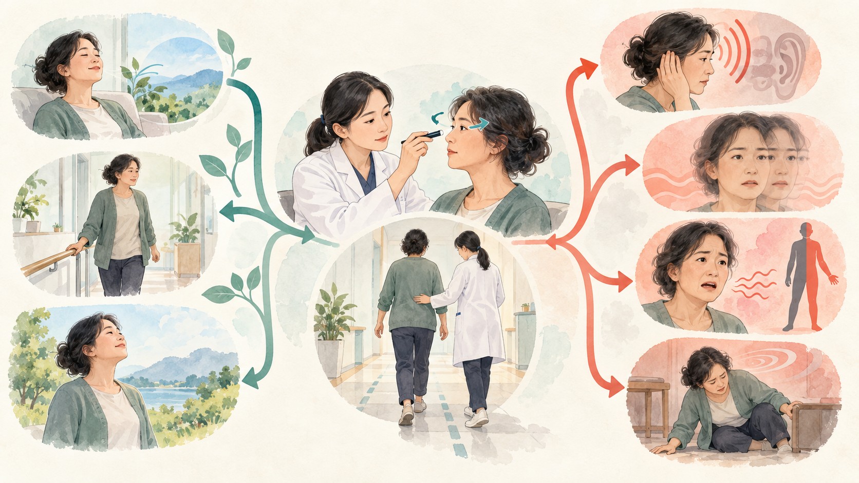 전정신경염 회복을 진찰하는 의료진과 새 청력저하·복시·한쪽 힘 변화·낙상을 분기한 의료 일러스트