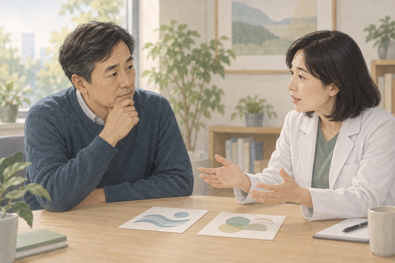 청력 치료 뒤 대화 불편을 설명하며 청각재활 평가의 이유를 상담하는 가상의 성인과 의료진