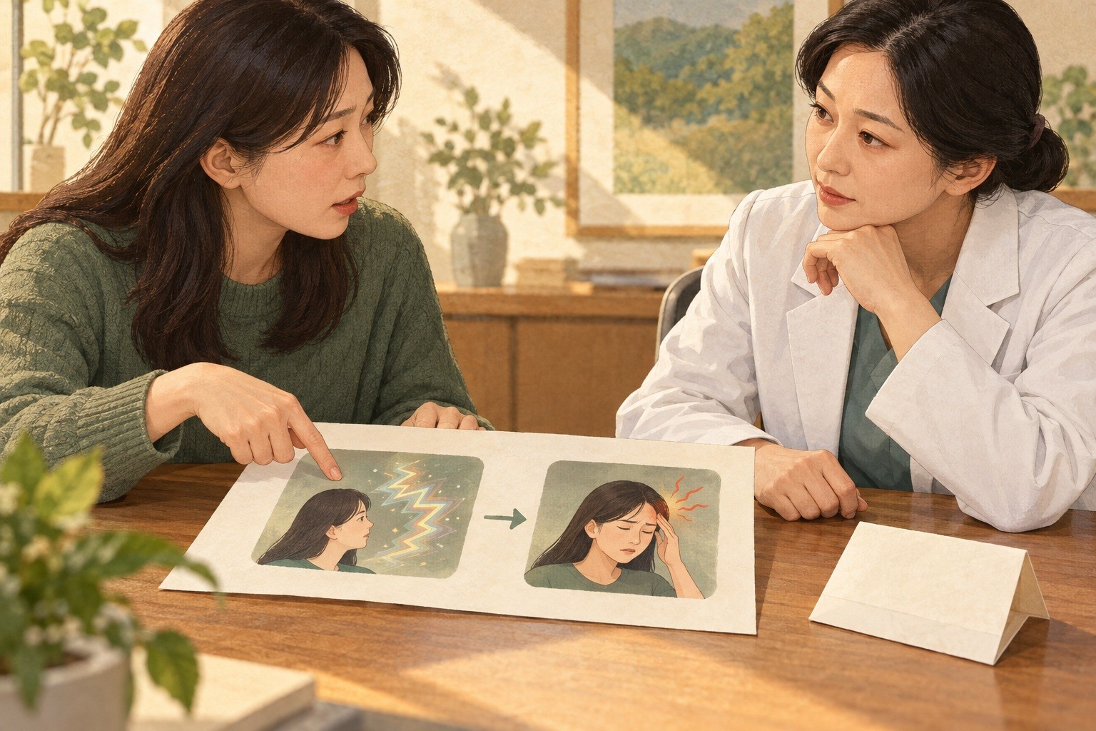 전조를 알아챈 순간과 두통 시작을 나누어 기존 처방의 뜻을 확인하는 상담