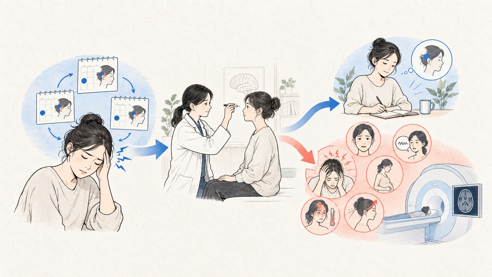 반복 편두통에서 안정된 패턴과 영상검사가 필요한 위험 신호를 나누는 의료 일러스트