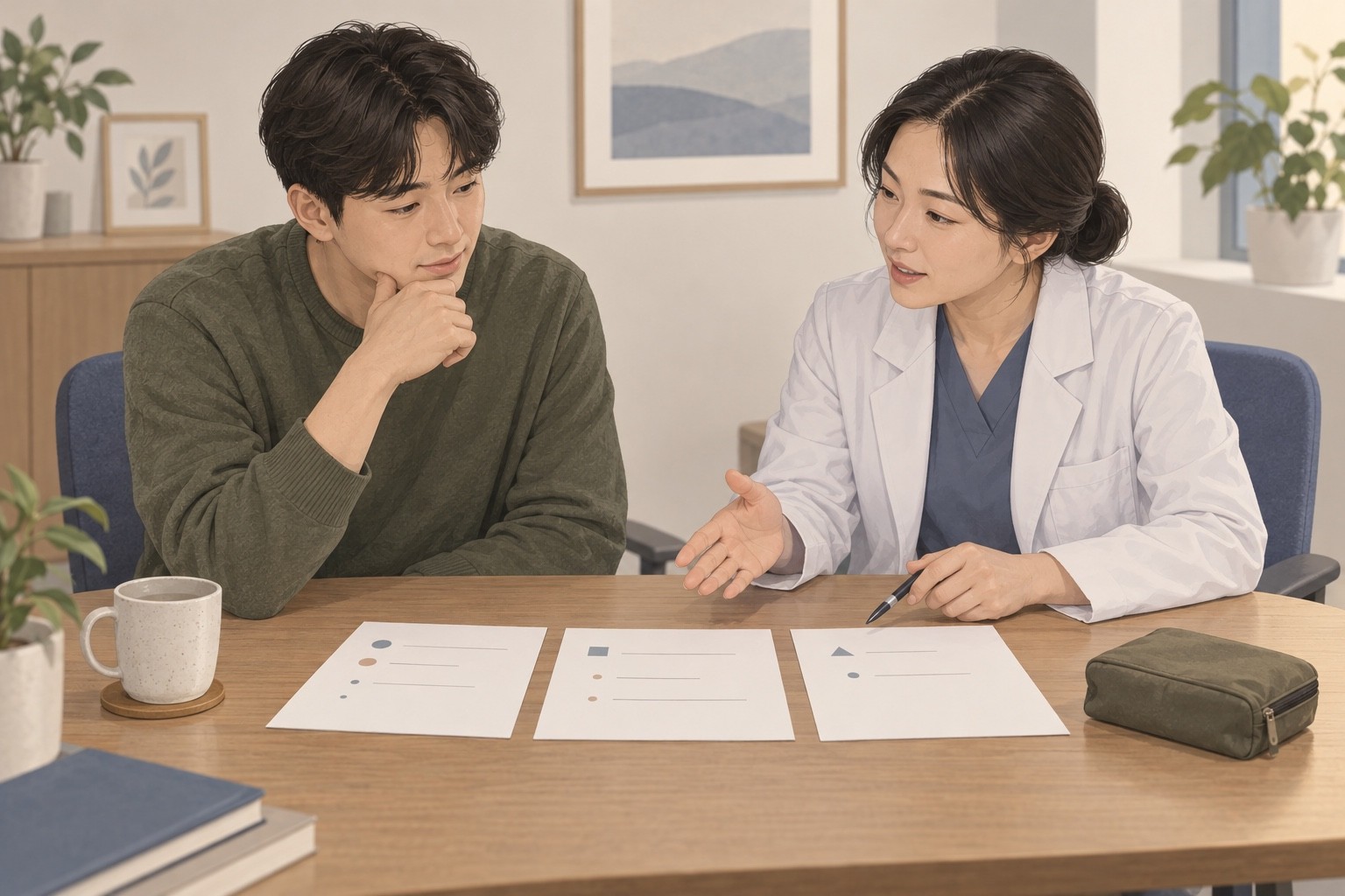 환자와 의료진이 이전 치료 기록을 함께 살펴보며 다음 진료의 지원을 상의하는 개념 장면