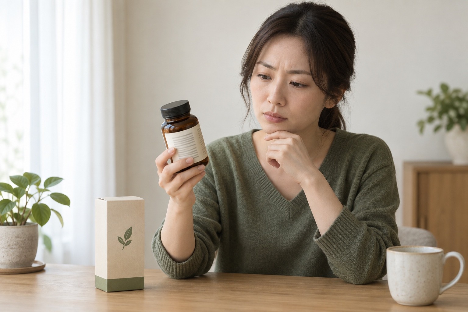 보충제 포장과 병의 성분 표시를 살펴 상담을 준비하는 사람의 가상 장면