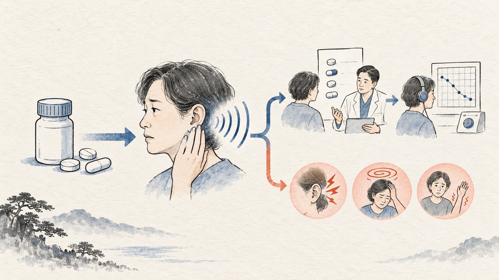 새 약 복용 뒤 이명 변화와 처방자 복약 검토·청력검사 경로를 보여 주는 의료 일러스트