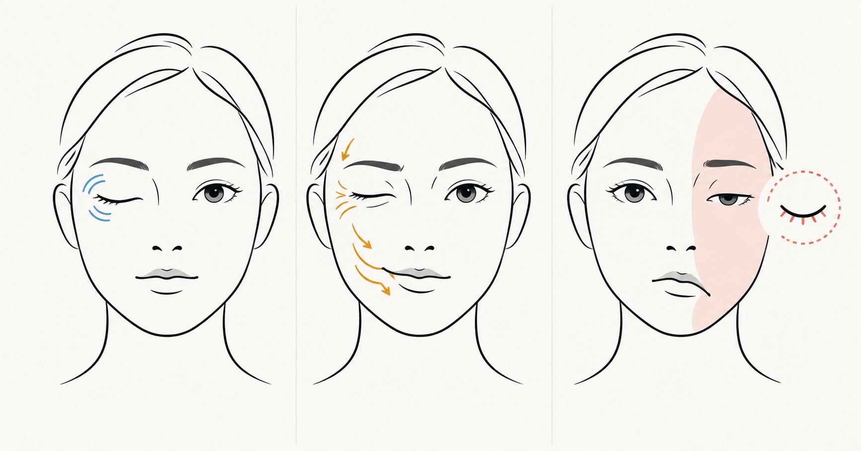 눈꺼풀 국소 떨림, 한쪽 눈에서 입가로 번지는 당김, 한쪽 얼굴 힘 저하를 세 얼굴 움직임으로 구분한 추상 일러스트