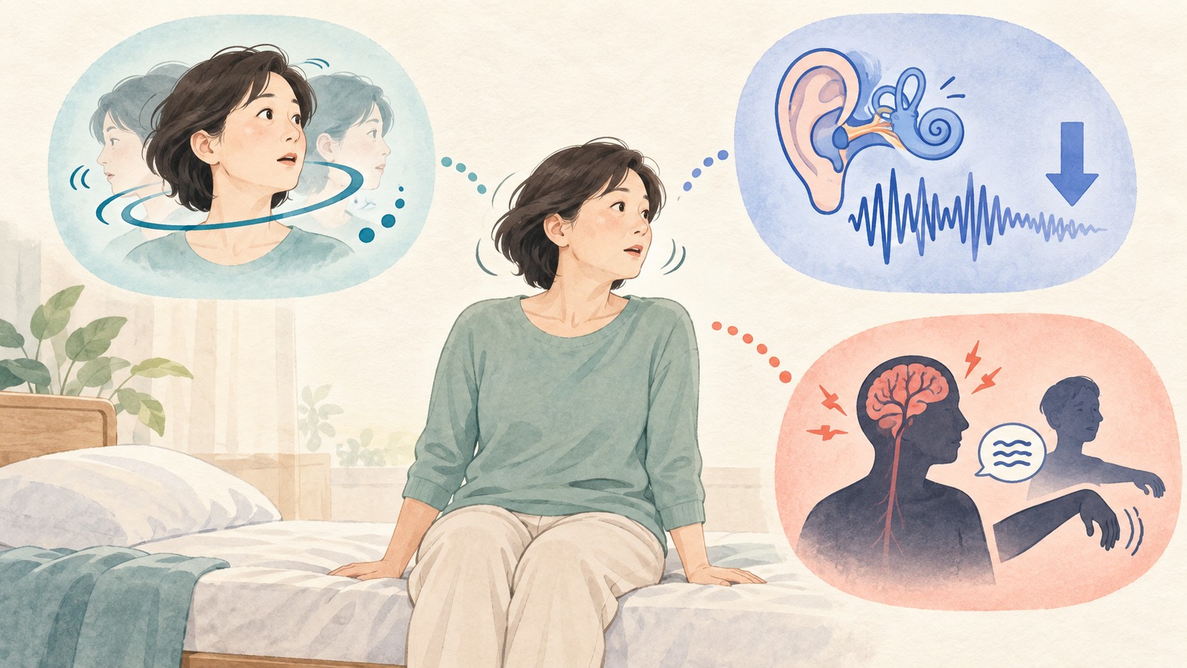 자세를 바꿀 때 잠깐 도는 어지럼과 새 청력저하·신경학적 경고를 세 갈래로 나눈 의료 일러스트