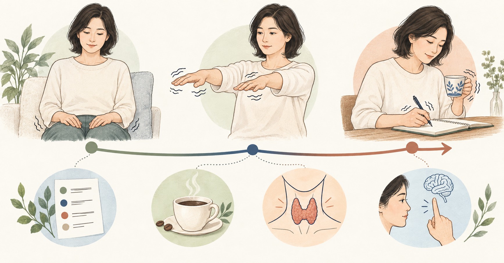 손을 무릎에 놓을 때와 앞으로 뻗을 때, 컵을 들거나 글씨를 쓸 때의 떨림을 비교하고 약·카페인·갑상선·신경 진찰로 이어지는 흐름