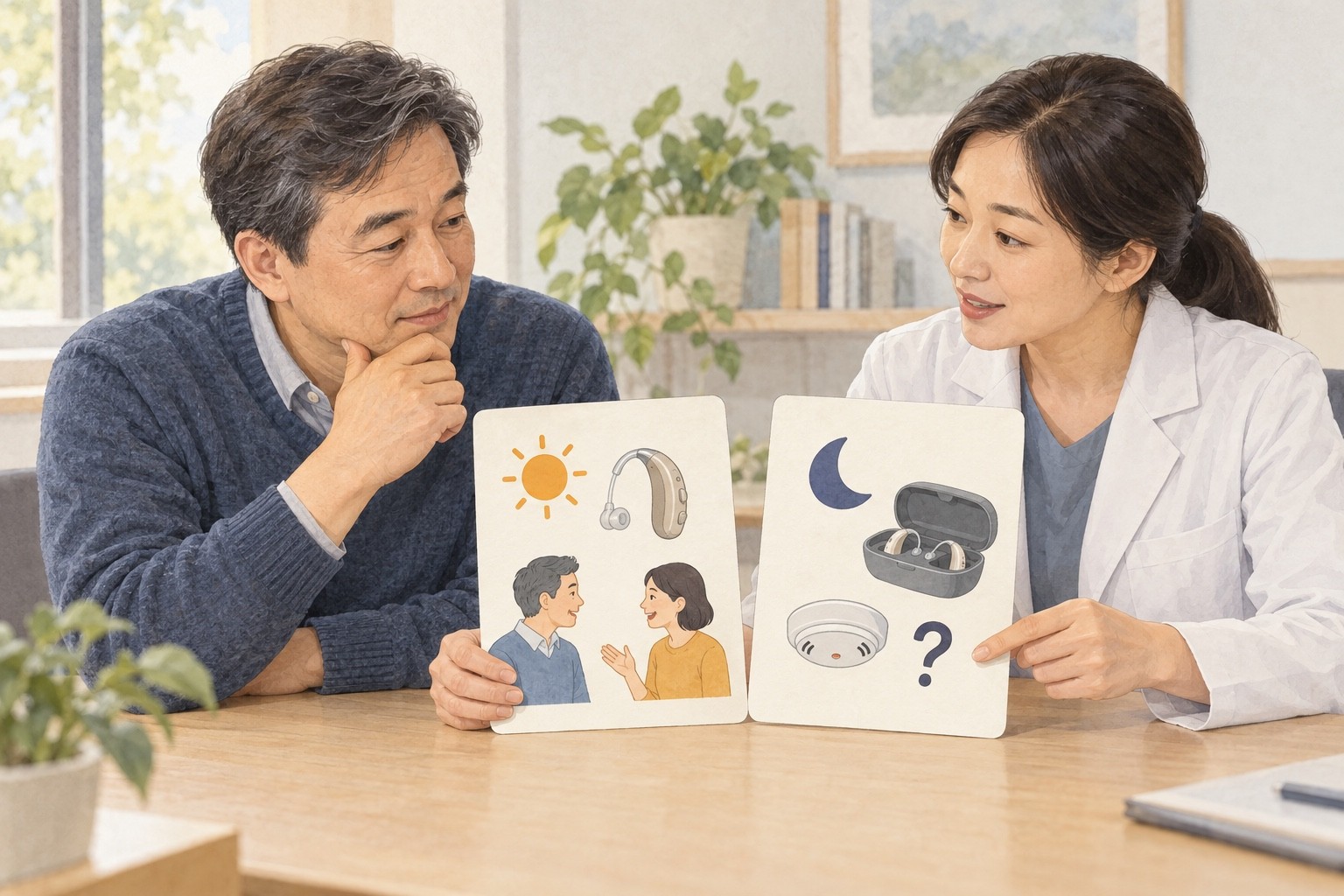 낮의 대화 지원과 보청기가 없는 밤의 경보 접근을 두 장의 그림으로 나누어 상담하는 장면