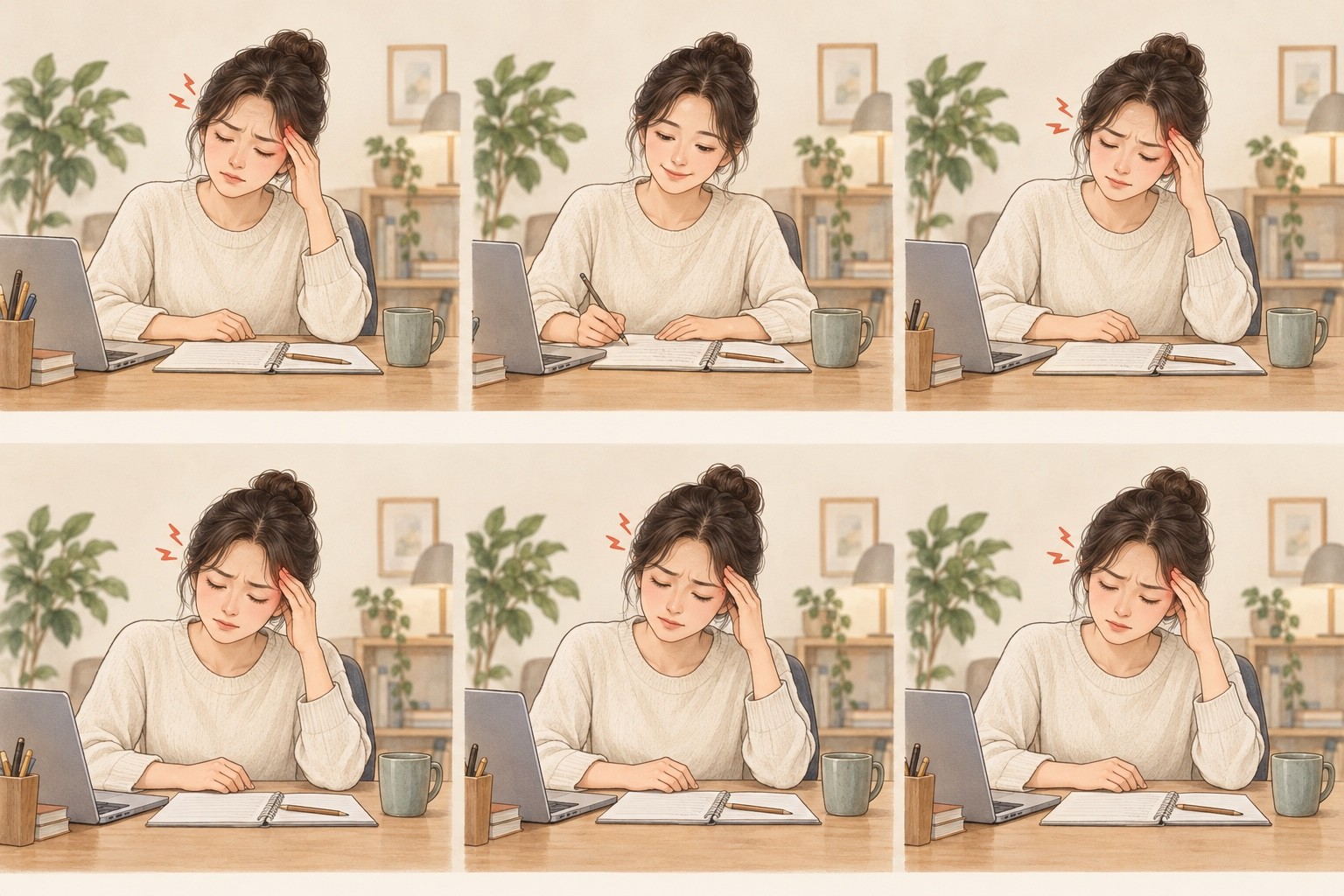 위쪽은 두통이 줄어 일을 다시 하다가 통증이 돌아오는 순서이고, 아래쪽은 처음부터 두통이 계속되는 순서입니다.
