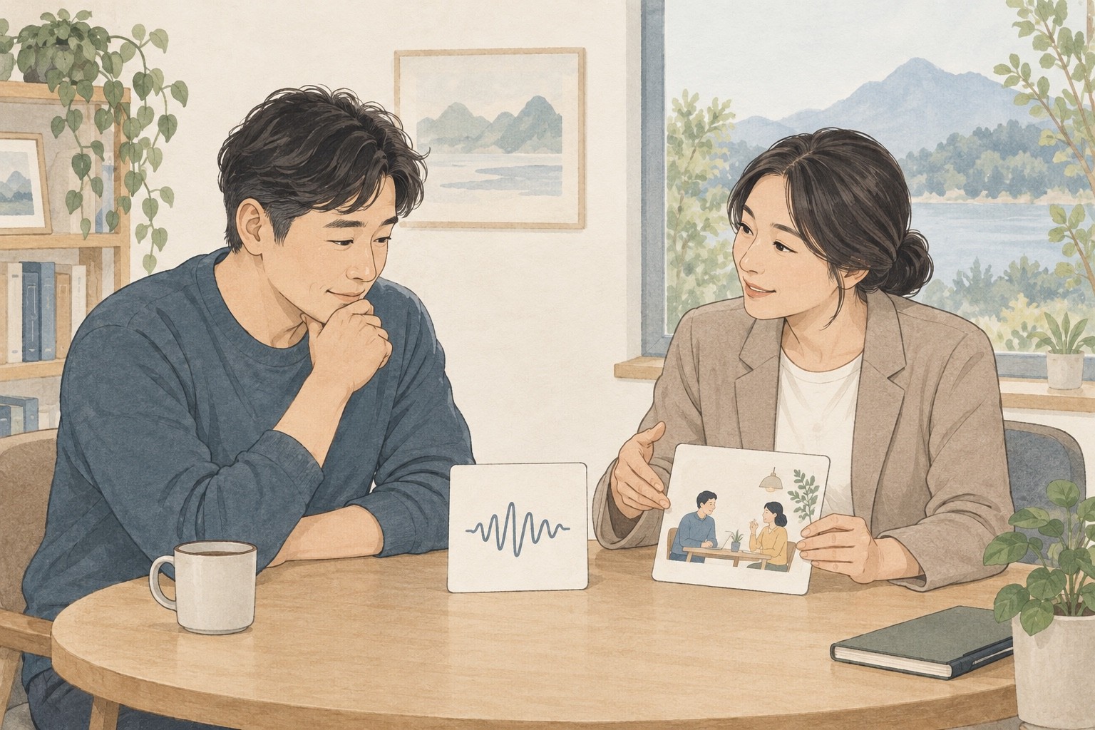 이명 소리와 생활 부담을 나눠 생각과 반응을 상담하는 성인과 전문가의 설명 그림