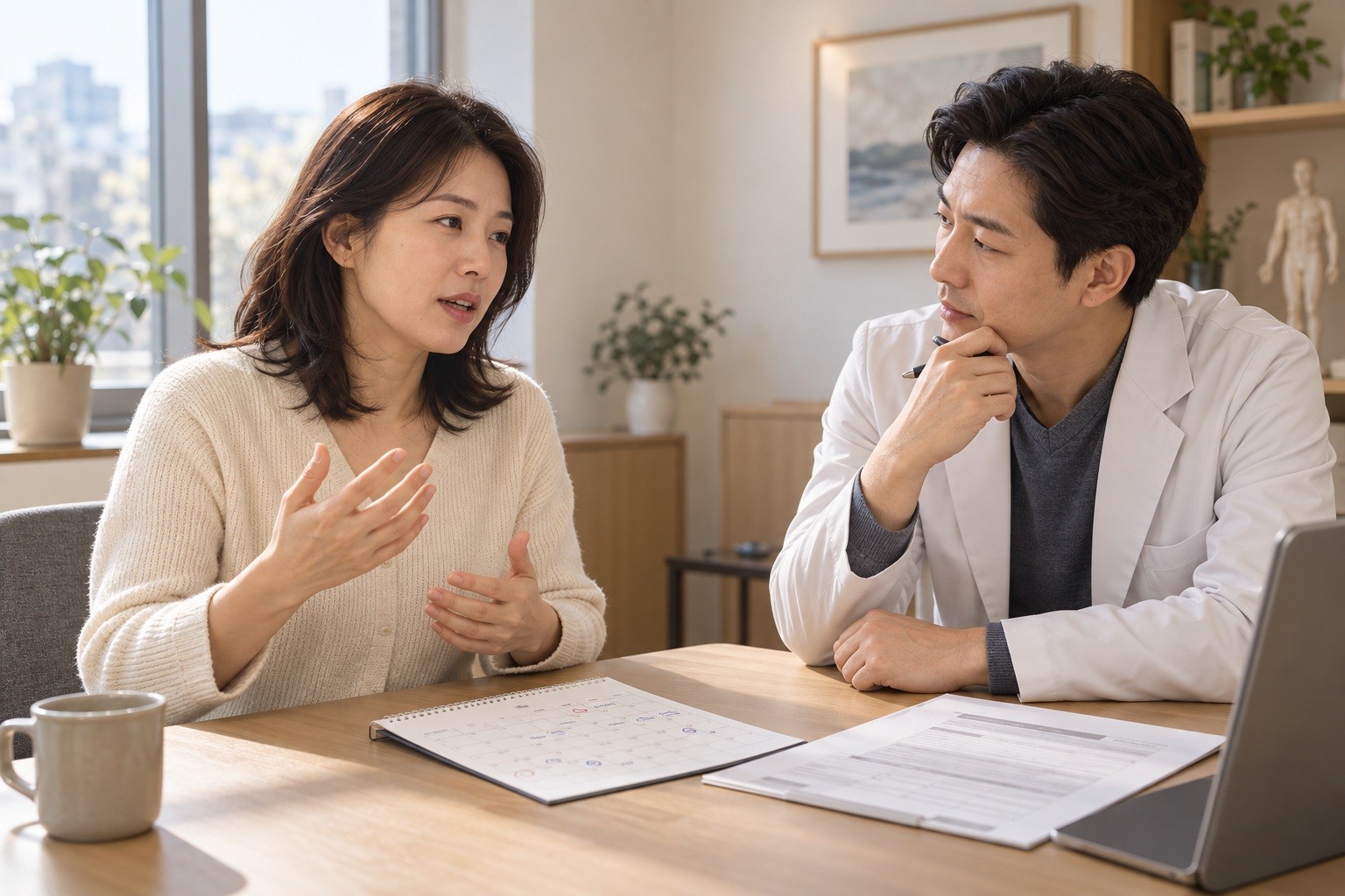 반복되는 편두통의 생활 부담과 이전 예방약 복용 경과를 함께 살피는 상담 장면
