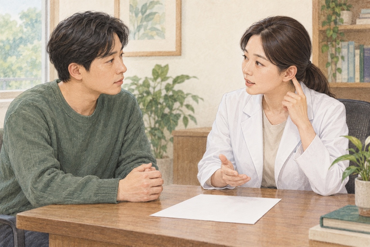 책상 위 빈 종이를 사이에 두고 대화하는 두 성인과 자기 귀를 가리키는 흰 가운 차림 인물