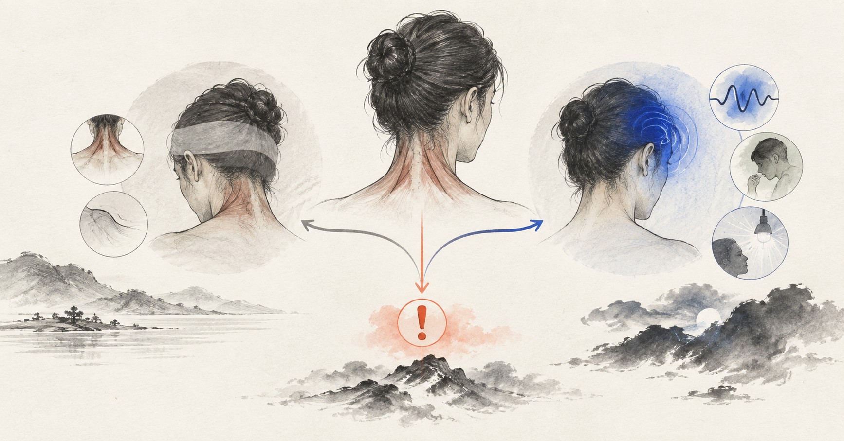 목이 굳은 두통에서 양측 압박형 통증과 편두통성 감각 민감, 응급 경고를 갈라 보는 수묵 일러스트