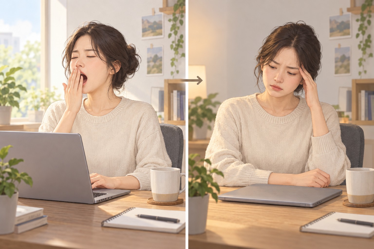 같은 사람이 두통 전 업무 중 하품하는 장면과 나중에 관자놀이를 짚는 장면