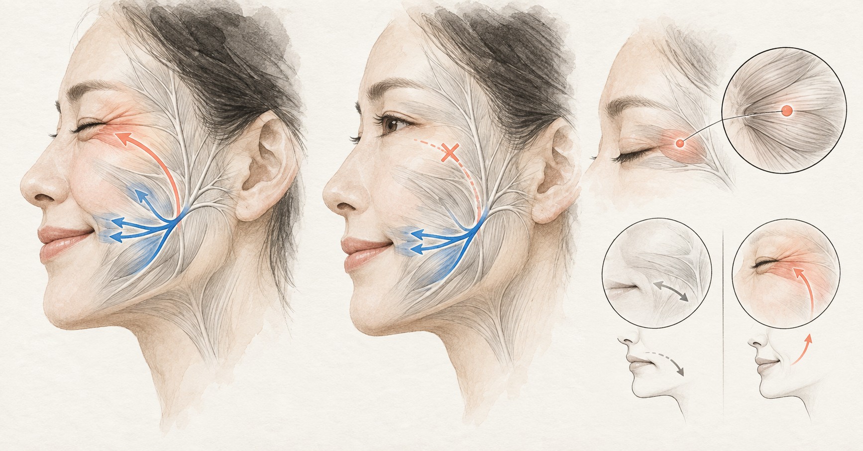 안면마비 회복 뒤 웃을 때 눈이 함께 감기는 연합운동과 눈·입 움직임을 분리하는 재훈련을 보여주는 의학 일러스트