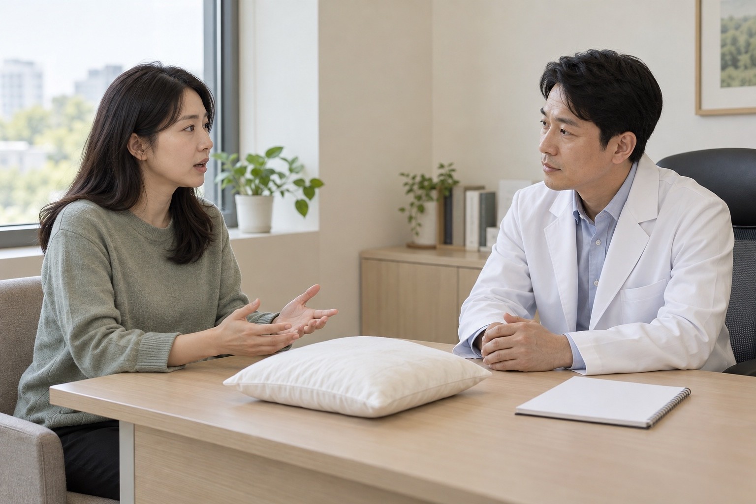 베개 접촉 때의 두피 통증과 목 움직임의 불편을 나눠 설명하는 상담 장면