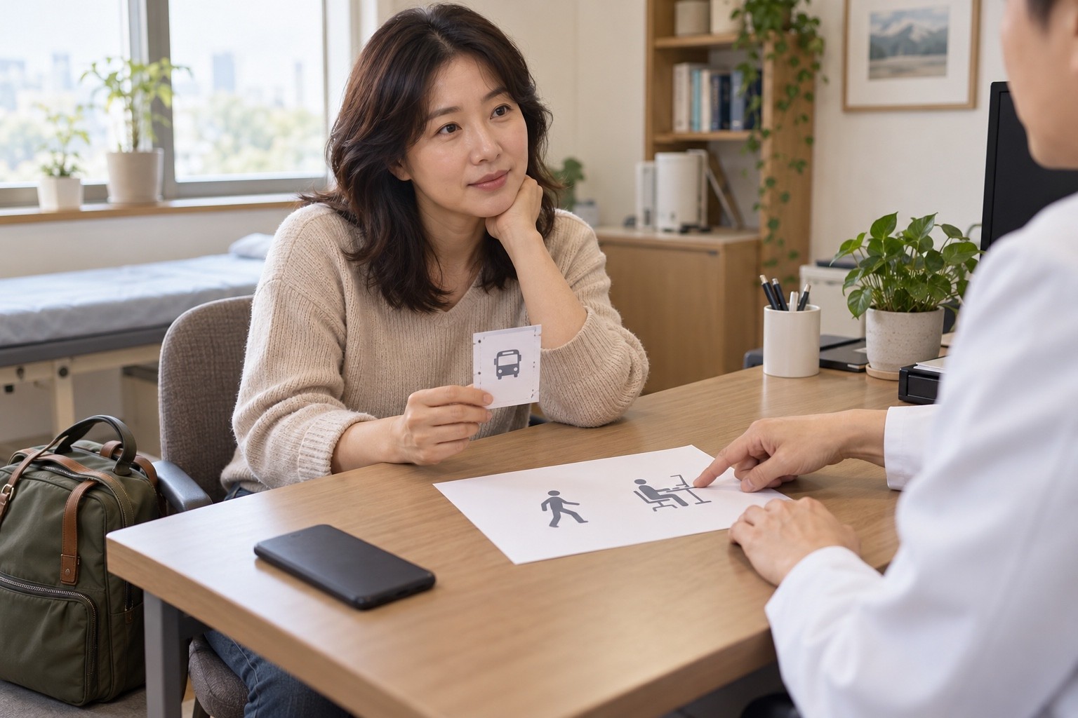 버스 표를 든 승객이 보행·화면 사용 그림이 놓인 상담 자리에서 이동 계획과 평소 회복 목표를 의논하는 모습